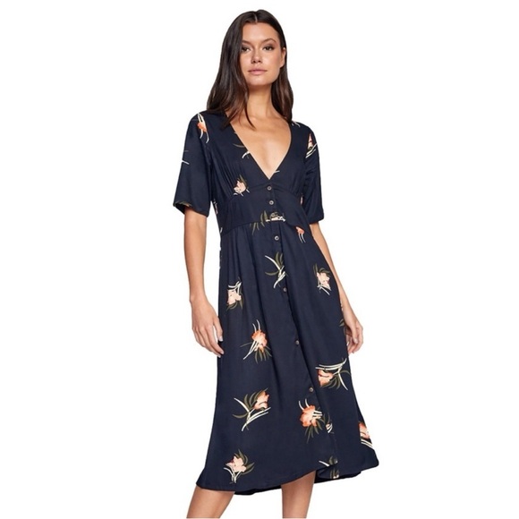 RVCA Dresses & Skirts - NWT RVCA Women Black Floral V-Neck Front Button Closure Midi Dress XS Whimsigoth